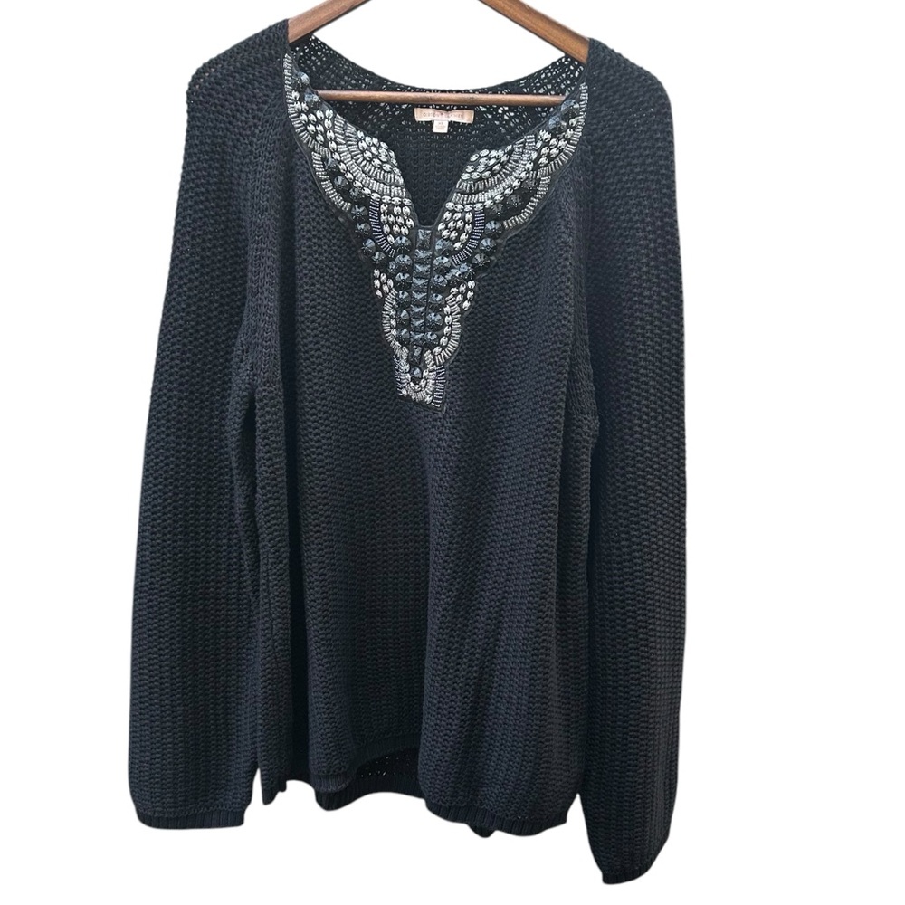 Gibson Latimer Sweater Womens XL Black with Beading Chunky Knit Oversized V Neck